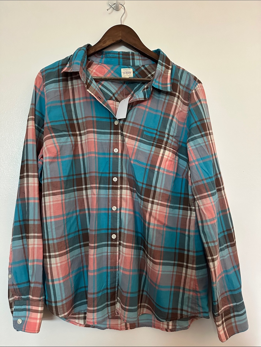J. Crew Women’s Plaid Button-Down Shirt in Teal, Pink & Brown